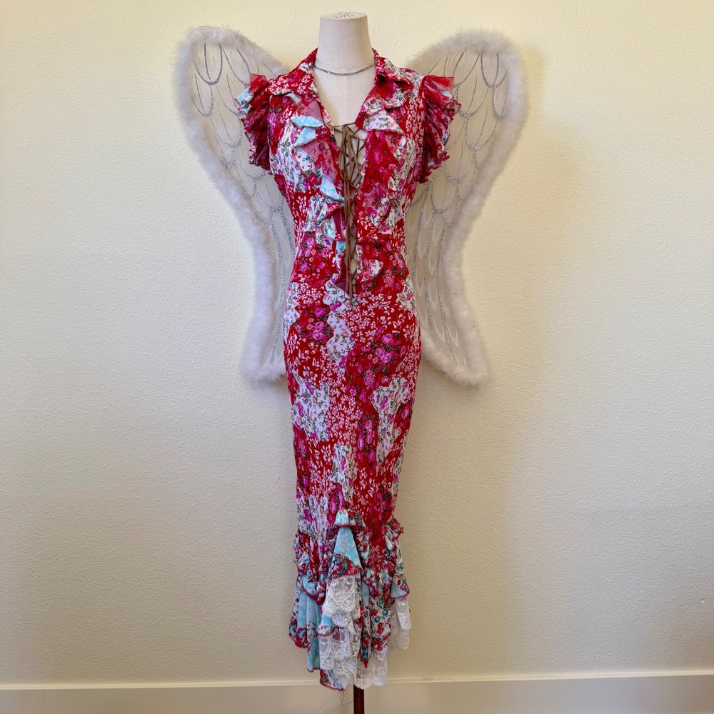 Red Floral Patchwork Ruffle Maxi Dress Lace Up VNeck Cap Sleeve Colorful Wedding
